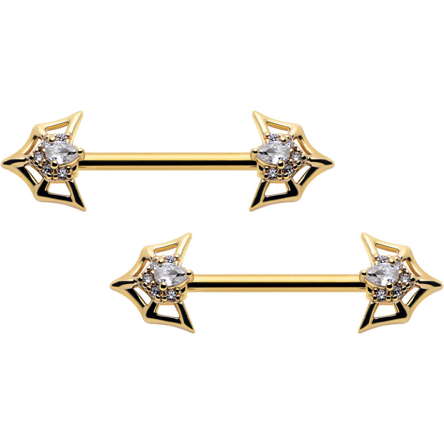 14G 5/8 Clear Gem Gold Tone Spider Bat Barbell Nipple Ring Set