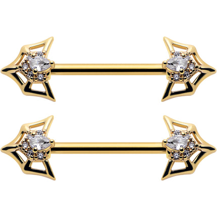 14G 5/8 Clear Gem Gold Tone Spider Bat Barbell Nipple Ring Set