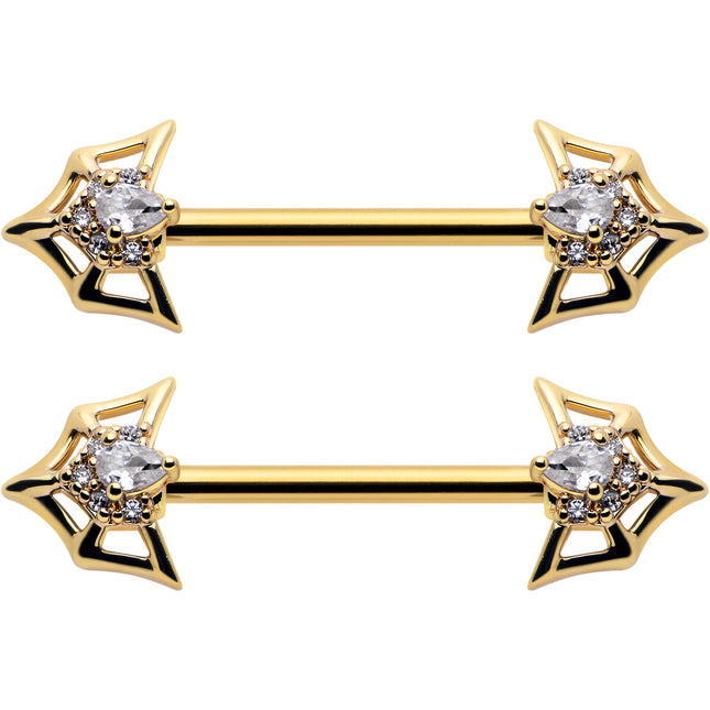 14G 5/8 Clear Gem Gold Tone Spider Bat Barbell Nipple Ring Set