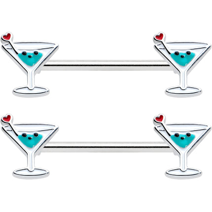 14G 9/16 Sweet Martini Glass Heart Barbell Nipple Ring Set