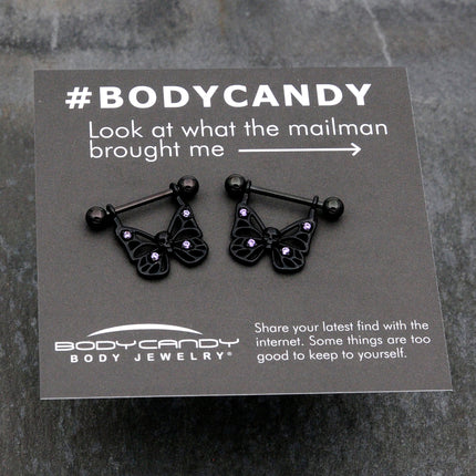 14G 11/16 Purple CZ Gem Black Skull Butterfly Dangle Nipple Ring Set