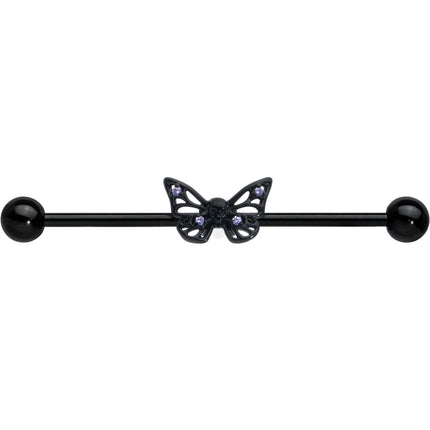 14G Purple CZ Gem Black Skull Butterfly Industrial Barbell 38mm