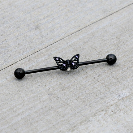 14G Purple CZ Gem Black Skull Butterfly Industrial Barbell 38mm
