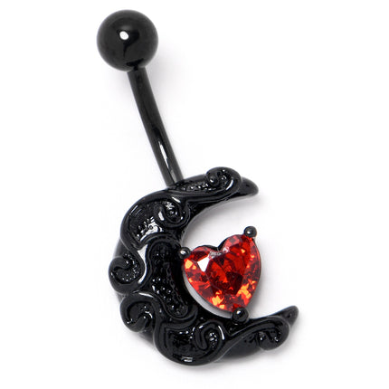 Red CZ Gem Black Scroll Moon Heart Belly Ring