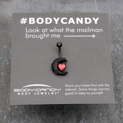 Red CZ Gem Black Scroll Moon Heart Belly Ring