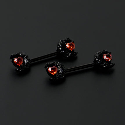 14G 9/16 Red CZ Gem Black Scroll Moon Heart Barbell Nipple Ring Set
