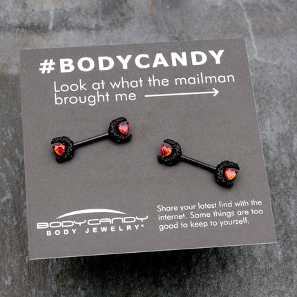 14G 9/16 Red CZ Gem Black Scroll Moon Heart Barbell Nipple Ring Set
