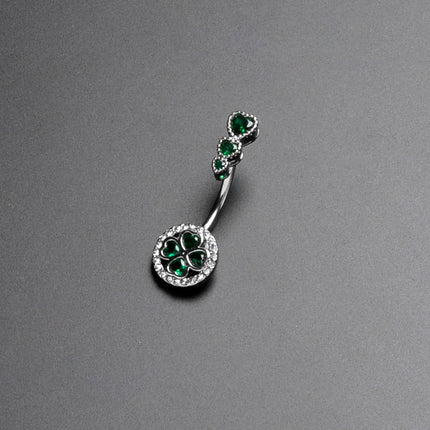 Green Clear Gem Triple Drop Heart Shamrock Double Mount Belly Ring