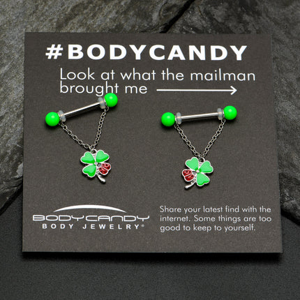 14G 11/16 Ladybug Shamrock UV Glow Chain Dangle Nipple Ring Set