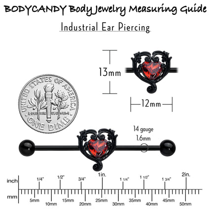 14G Red CZ Gem Black Passion Heart Industrial Barbell 38mm