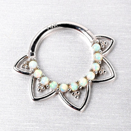 16G 5/16 White Synthetic Opal 14k White Gold Filigree Hinged Segment Ring