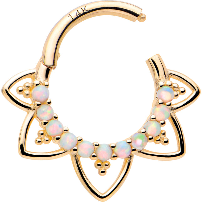 16G 5/16 White Synthetic Opal 14k Yellow Gold Filigree Hinged Segment Ring