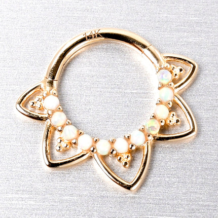 16G 5/16 White Synthetic Opal 14k Yellow Gold Filigree Hinged Segment Ring