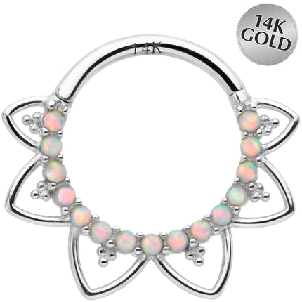 16G 3/8 White Synthetic Opal 14k White Gold Filigree Hinged Segment Ring
