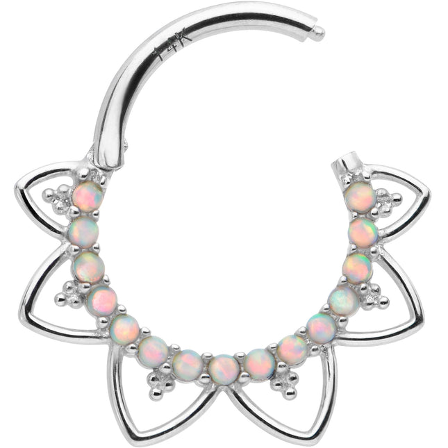 16G 3/8 White Synthetic Opal 14k White Gold Filigree Hinged Segment Ring