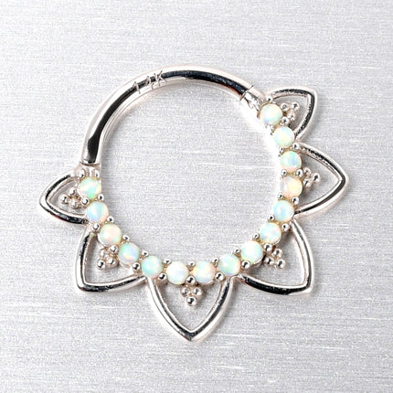 16G 3/8 White Synthetic Opal 14k White Gold Filigree Hinged Segment Ring