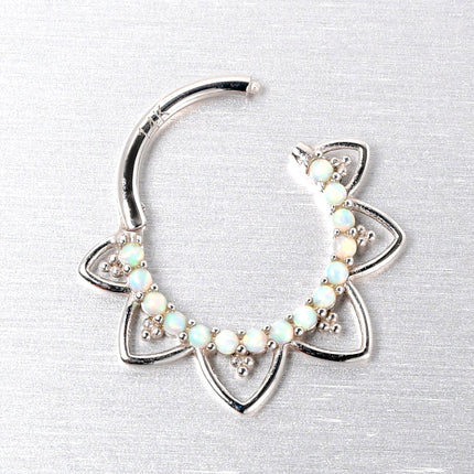 16G 3/8 White Synthetic Opal 14k White Gold Filigree Hinged Segment Ring