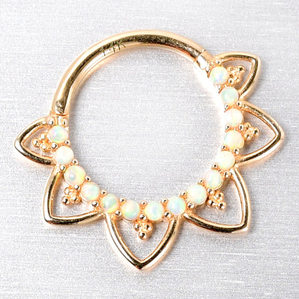16G 3/8 White Synthetic Opal 14k Yellow Gold Filigree Hinged Segment Ring