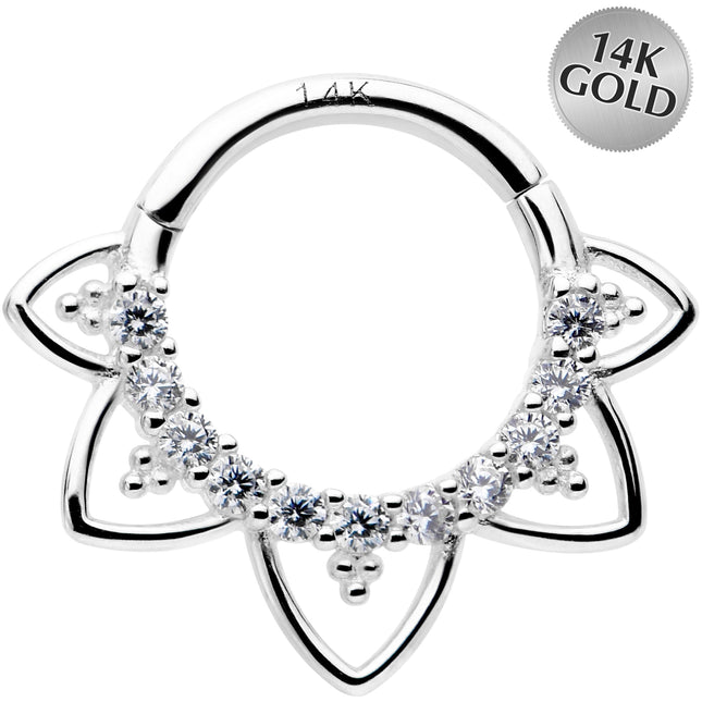 16G 5/16 Clear CZ Gem 14k White Gold Filigree Hinged Segment Ring