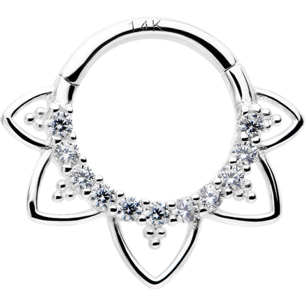 16G 5/16 Clear CZ Gem 14k White Gold Filigree Hinged Segment Ring