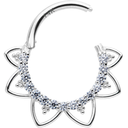 16G 3/8 Clear CZ Gem 14k White Gold Filigree Hinged Segment Ring