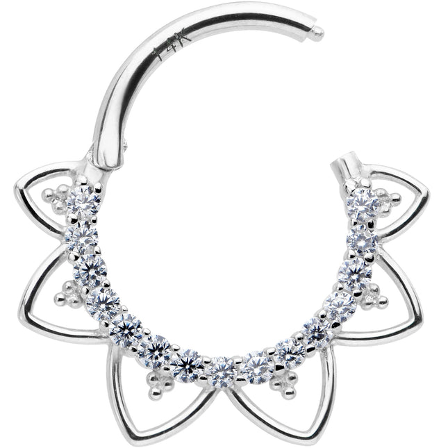 16G 3/8 Clear CZ Gem 14k White Gold Filigree Hinged Segment Ring
