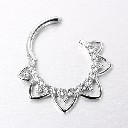 16G 3/8 Clear CZ Gem 14k White Gold Filigree Hinged Segment Ring