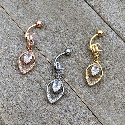 Clear CZ Gem Rose Gold Tone Lush Leaf Dangle Belly Ring