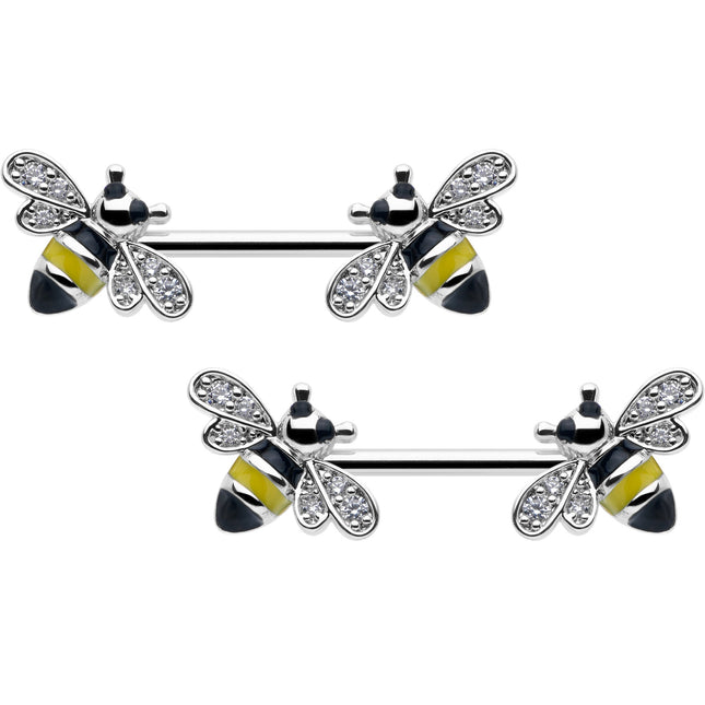 14G 9/16 Clear CZ Gem Honey Bees Barbell Nipple Ring Set