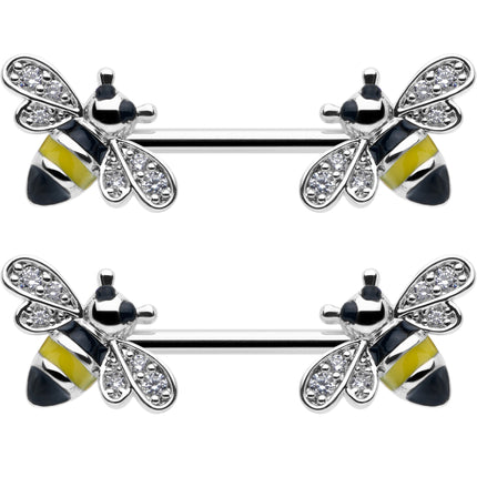 14G 9/16 Clear CZ Gem Honey Bees Barbell Nipple Ring Set