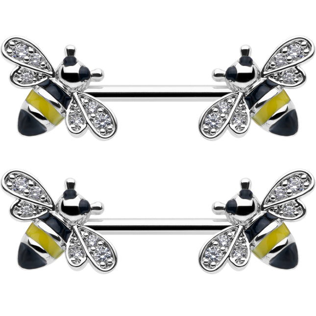 14G 9/16 Clear CZ Gem Honey Bees Barbell Nipple Ring Set