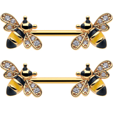 14G 9/16 Clear CZ Gem Gold Hue Honey Bees Barbell Nipple Ring Set