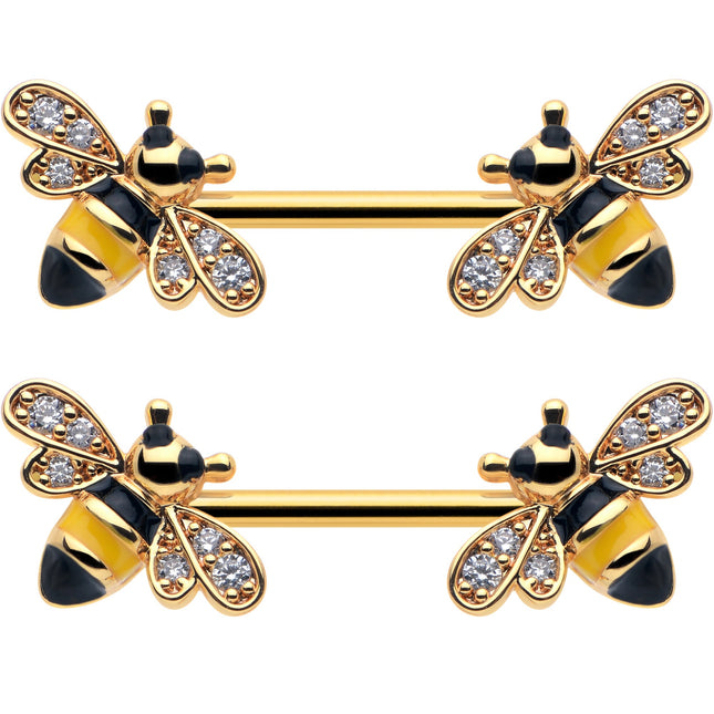 14G 9/16 Clear CZ Gem Gold Hue Honey Bees Barbell Nipple Ring Set