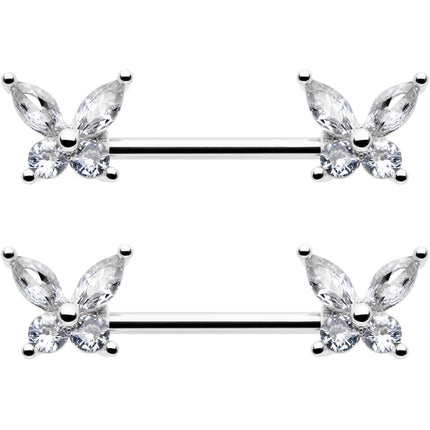 14G 9/16 Clear CZ Gem Butterflies Barbell Nipple Ring Set
