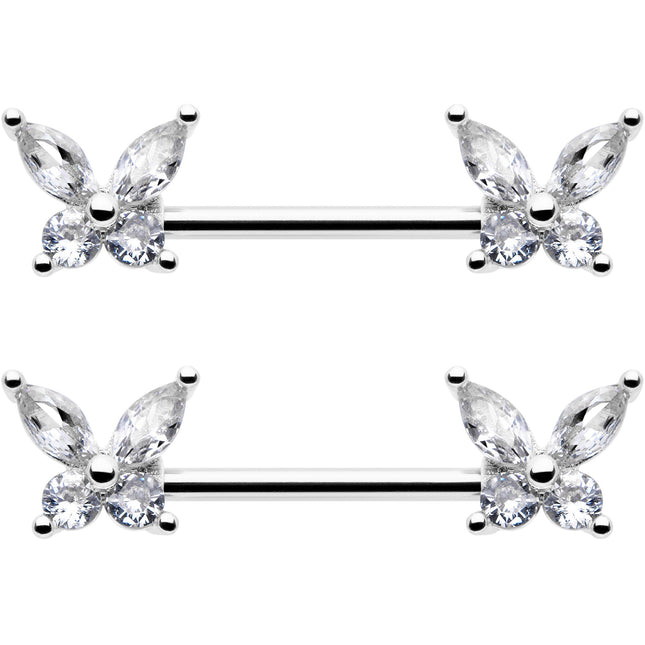 14G 9/16 Clear CZ Gem Butterflies Barbell Nipple Ring Set