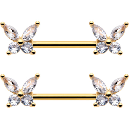 14G 9/16 Clear CZ Gem Gold Tone Butterflies Barbell Nipple Ring Set