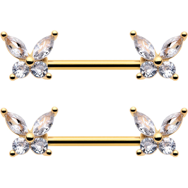 14G 9/16 Clear CZ Gem Gold Tone Butterflies Barbell Nipple Ring Set