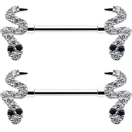 14G 9/16 Clear Black CZ Gem Sexy Snakes Barbell Nipple Ring Set