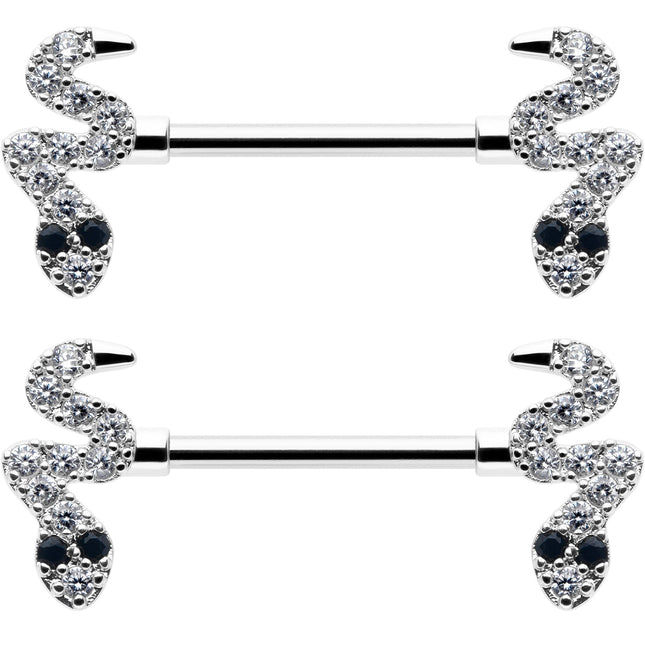 14G 9/16 Clear Black CZ Gem Sexy Snakes Barbell Nipple Ring Set