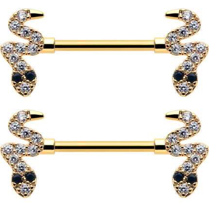 14G 9/16 Clear Black CZ Gem Gold Tone Sexy Snakes Nipple Ring Set