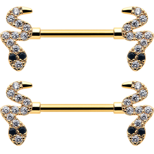 14G 9/16 Clear Black CZ Gem Gold Tone Sexy Snakes Nipple Ring Set