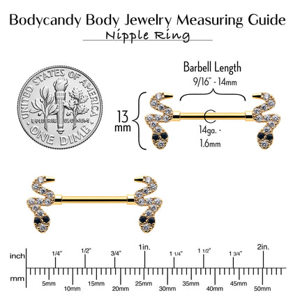14G 9/16 Clear Black CZ Gem Gold Tone Sexy Snakes Nipple Ring Set