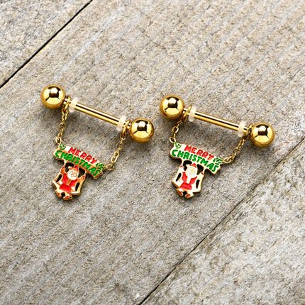 14G 9/16 Gold Tone Santa Merry Christmas Dangle Nipple Ring Set