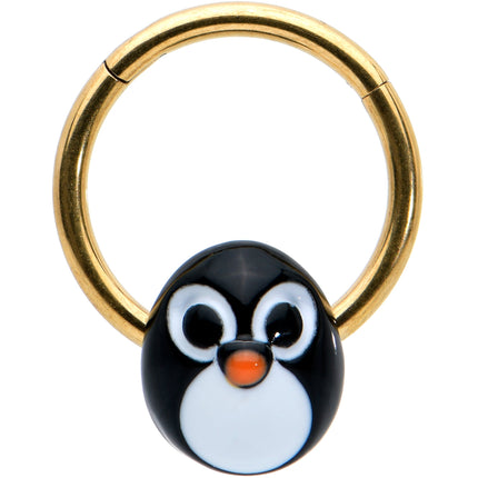 16G 3/8 Gold Tone Round Penguin Face Holiday Hinged Segment Ring