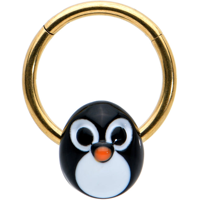 16G 3/8 Gold Tone Round Penguin Face Holiday Hinged Segment Ring
