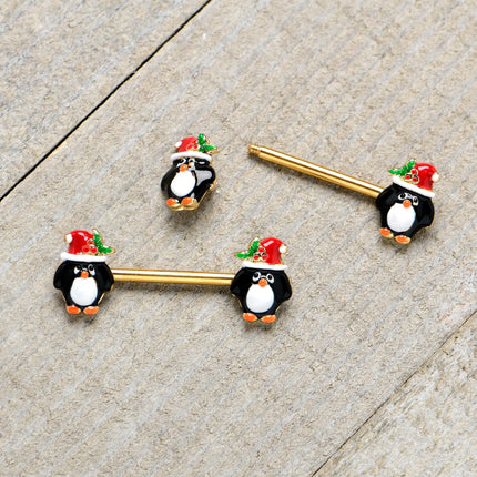 14G 9/16 Gold Tone Holly Hat Penguin Barbell Nipple Ring Set