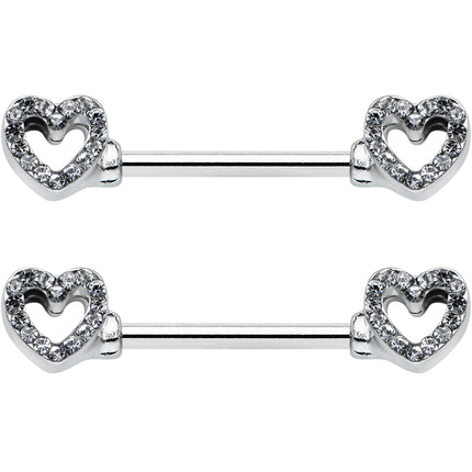 14G 9/16 Clear Gem Open Heart Valentine Barbell Nipple Ring Set