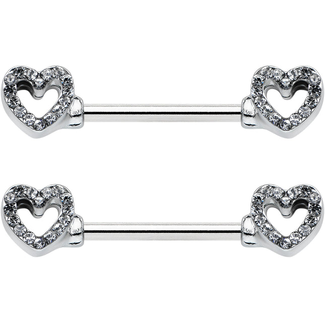 14G 9/16 Clear Gem Open Heart Valentine Barbell Nipple Ring Set