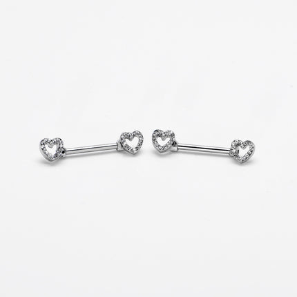 14G 9/16 Clear Gem Open Heart Valentine Barbell Nipple Ring Set