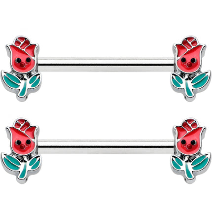 14G 9/16 Sweet Happy Rose Flower Barbell Nipple Ring Set